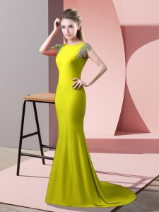 Luxury Yellow Green Short Sleeves Brush Train Beading Prom Gown