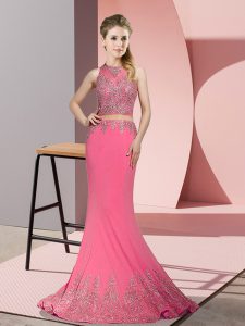 Mermaid Sleeveless Rose Pink Prom Evening Gown Sweep Train Zipper