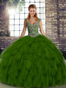 Fantastic Olive Green Straps Neckline Beading and Ruffles 15th Birthday Dress Sleeveless Lace Up