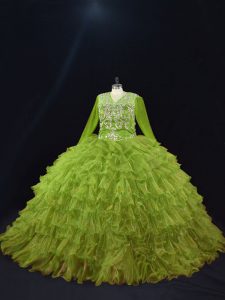Olive Green Organza Lace Up Quinceanera Gowns Long Sleeves Floor Length Ruffled Layers