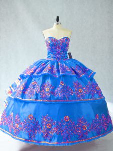 Blue Lace Up Sweetheart Embroidery Quince Ball Gowns Organza Sleeveless