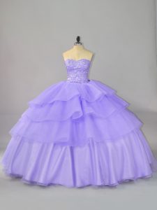 Lavender Ball Gowns Sweetheart Sleeveless Organza Lace Up Beading and Ruffled Layers 15 Quinceanera Dress