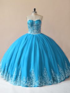 Embroidery Ball Gown Prom Dress Baby Blue Lace Up Sleeveless Floor Length