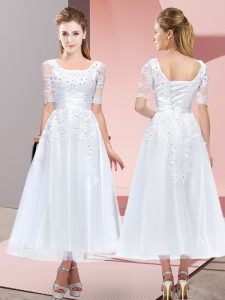 Low Price White Lace Up Scoop Beading and Lace Quinceanera Dama Dress Tulle Short Sleeves