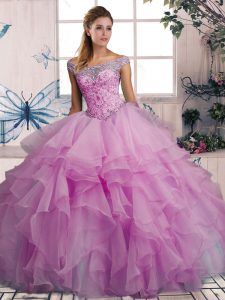Hot Sale Floor Length Lace Up Quinceanera Gowns Lilac for Military Ball and Sweet 16 and Quinceanera with Beading and Ruffles