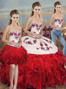 Exceptional White And Red Sleeveless Embroidery and Ruffles and Bowknot Floor Length Quinceanera Gown