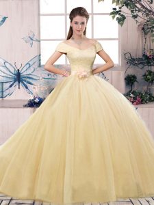 Discount Floor Length Champagne Ball Gown Prom Dress Off The Shoulder Short Sleeves Lace Up
