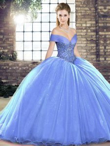 Ideal Sleeveless Beading Lace Up Quince Ball Gowns with Lavender Brush Train