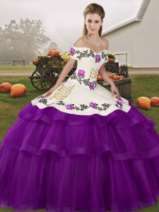 Purple Ball Gowns Embroidery and Ruffled Layers Vestidos de Quinceanera Lace Up Tulle Sleeveless
