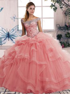 Off The Shoulder Sleeveless Sweet 16 Dresses Floor Length Beading and Ruffles Watermelon Red Tulle