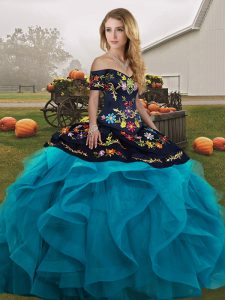 Super Teal Ball Gowns Embroidery and Ruffles Quinceanera Gowns Lace Up Tulle Sleeveless Floor Length