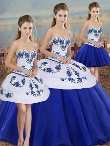 Floor Length Lace Up Sweet 16 Quinceanera Dress Royal Blue for Military Ball and Sweet 16 and Quinceanera with Embroidery and Bowknot