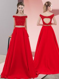 Gorgeous Red Sleeveless Sweep Train Beading Prom Dress