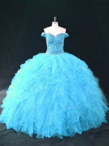 Aqua Blue Lace Up Quinceanera Gowns Beading and Ruffles Sleeveless Floor Length