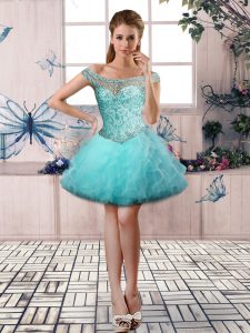 Aqua Blue Ball Gowns Off The Shoulder Sleeveless Tulle Mini Length Lace Up Beading and Ruffles Prom Gown