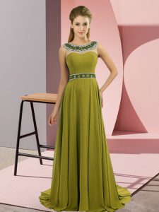 Dramatic Olive Green Prom Gown Prom and Party with Beading Scoop Sleeveless Brush Train Zipper