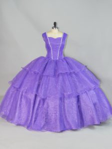 Lavender Lace Up Straps Beading and Ruffled Layers Quinceanera Dress Organza Sleeveless