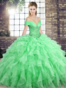 Unique Apple Green Quinceanera Gowns Organza Brush Train Sleeveless Beading and Ruffles