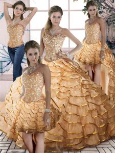 Unique Gold Lace Up Sweetheart Beading and Ruffled Layers Vestidos de Quinceanera Organza Sleeveless Brush Train