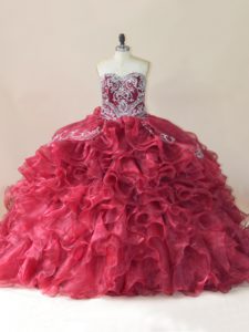 Wine Red Sweet 16 Dress Sweet 16 and Quinceanera with Beading and Appliques and Ruffles Sweetheart Sleeveless Brush Train Lace Up