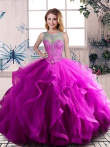 Floor Length Purple 15th Birthday Dress Scoop Sleeveless Lace Up