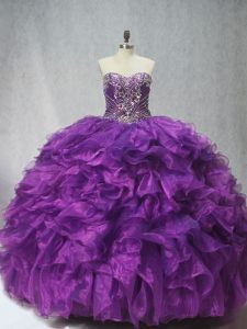 Purple Lace Up Sweetheart Beading and Ruffles Quinceanera Gown Organza Sleeveless Brush Train