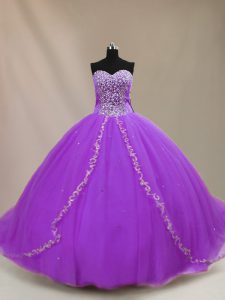 Pretty Sweetheart Sleeveless Vestidos de Quinceanera Court Train Beading Purple Tulle