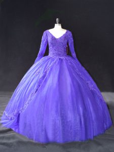 Purple Ball Gowns V-neck Long Sleeves Tulle Floor Length Lace Up Lace and Appliques 15 Quinceanera Dress