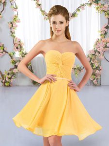 Pretty Gold Chiffon Lace Up Dama Dress Sleeveless Mini Length Ruching