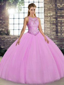 Floor Length Lilac Quince Ball Gowns Tulle Sleeveless Embroidery