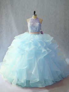 Organza Scoop Sleeveless Brush Train Backless Beading and Ruffles Sweet 16 Dresses in Light Blue