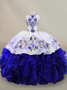 Decent Organza Halter Top Sleeveless Lace Up Embroidery and Ruffles 15 Quinceanera Dress in Blue And White