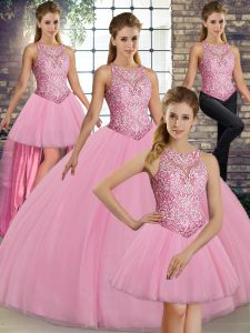 Attractive Pink Scoop Lace Up Embroidery 15 Quinceanera Dress Sleeveless