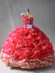 Coral Red Lace Up One Shoulder Pick Ups and Hand Made Flower Quinceanera Gowns Organza Sleeveless