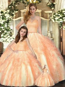 Pretty Orange Sleeveless Floor Length Beading and Ruffles Lace Up Quinceanera Gowns