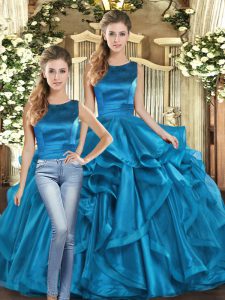 Glittering Teal Two Pieces Ruffles 15th Birthday Dress Lace Up Organza Sleeveless Floor Length