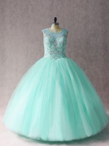 Apple Green Sleeveless Tulle Lace Up Quinceanera Dresses for Sweet 16 and Quinceanera