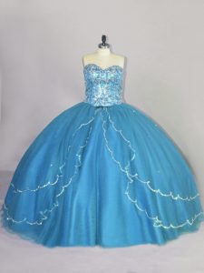 Blue Sleeveless Brush Train Beading Quince Ball Gowns