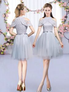 Mini Length Grey Quinceanera Court of Honor Dress Tulle Sleeveless Lace and Belt