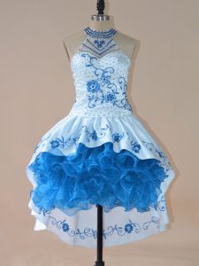 Eye-catching Embroidery and Ruffles Prom Dresses Blue Lace Up Sleeveless High Low