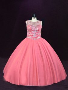 Pink Ball Gowns Scoop Sleeveless Tulle Floor Length Lace Up Beading Sweet 16 Dress
