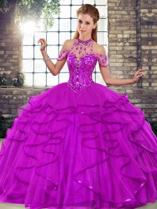 Purple Halter Top Neckline Beading and Ruffles Quinceanera Gown Sleeveless Lace Up