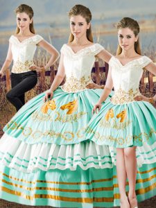 Smart Apple Green V-neck Lace Up Embroidery and Ruffled Layers Quinceanera Dress Sleeveless
