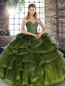 Fashion Olive Green Tulle Lace Up Quinceanera Dress Sleeveless Floor Length Beading and Ruffles