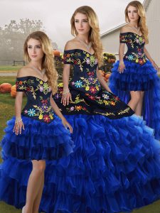 Cute Ball Gowns Sweet 16 Dresses Blue And Black Off The Shoulder Organza Sleeveless Floor Length Lace Up