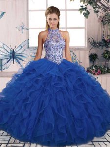 Floor Length Blue Quinceanera Gown Tulle Sleeveless Beading and Ruffles