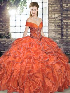 Charming Floor Length Orange Red Quinceanera Gowns Off The Shoulder Sleeveless Lace Up