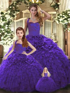 Purple Halter Top Lace Up Ruffles Quince Ball Gowns Sleeveless