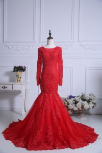 Perfect Red Zipper Scoop Lace Evening Wear Tulle Long Sleeves Court Train