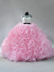 Zipper Ball Gown Prom Dress Baby Pink for Sweet 16 and Quinceanera with Beading and Ruffles Brush Train